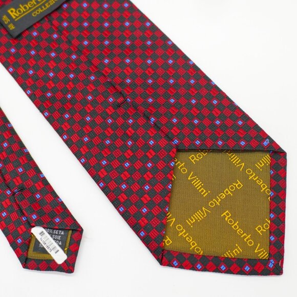 Robert Villini Collezione Red Black Blue Geometric Woven Wide Silk Tie - Picture 5 of 6